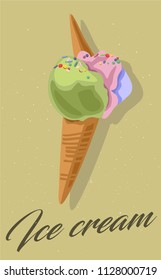 graphic vector of ice cream with waffle colorful ice and text ice cream. great for menu design, poster, advertising and other prints 