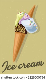 graphic vector of ice cream with waffle colorful ice and text ice cream. great for menu design, poster, advertising and other prints 