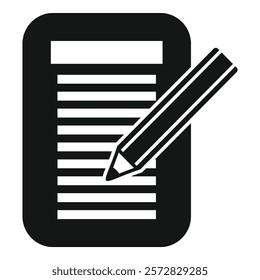 Graphic vector icon depicting a pencil writing on a notepad, designed in a sleek black and white contrast