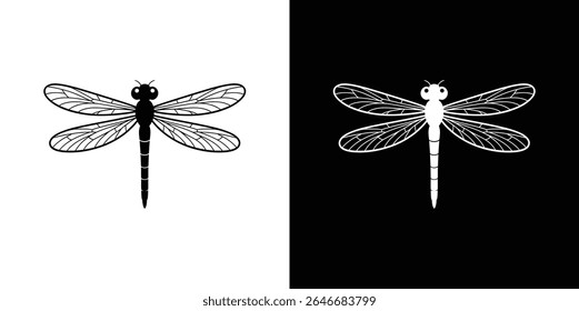 Vetor gráfico que ilustra uma silhueta de libélula exibida em um fundo preto e branco. A libélula tem asas detalhadas e um corpo segmentado.