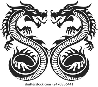 graphic vector illustration, 2 dragon tattoo designs in the shape of love, suitable for use as body decoration