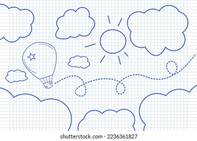 Graphic vector illustration of an aerostat flying in the clouds. Children's drawing by hand on a sheet in a box. Air adventure.