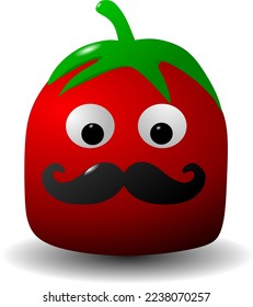 graphic vector illustration, animated tomato fruit character vector icon design with funny facial expression and thick mustache, perfect as kids card icon