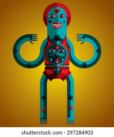 Graphic vector illustration, anthropomorphic character isolated, decorative modern avatar made in cubism style. Art drawing of shaman.