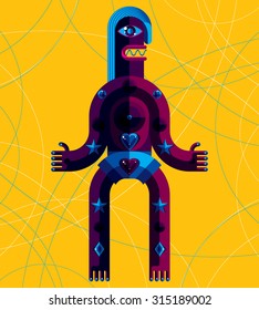 Graphic vector illustration, anthropomorphic character isolated on art background, decorative modern avatar made in cubism style. 