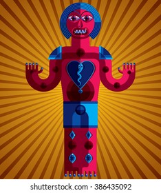 Graphic vector illustration, anthropomorphic character isolated on artistic background, decorative modern avatar made in cubism style. 