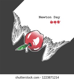 Graphic vector illustration with apple for Newton Day.  Falling apple with wings. Educational banner. 