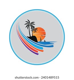 graphic vector illustration of a beach with beautiful views perfect for a weekend getaway, watching the sunrise and sunset