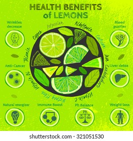 Gráfico vectorial ilustrado de bellas infografías dibujadas a mano con limones frescos beneficios de salud en un fondo texturado en estilo fresco y jugoso. Jugo fresco para una vida saludable. Concepto hecho a mano.