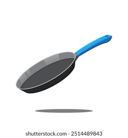 Graphic vector illustration of a black frying pan with a blue rubber handle in cartoon style