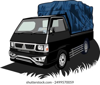 graphic vector illustration, black pick up car with a full load behind it 