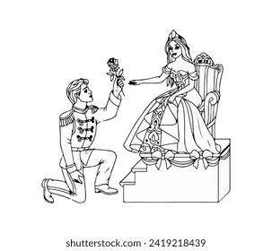 graphic vector illustration of a black and white image of a king and queen looking at each other and giving flowers
suitable for symbols of love or affection or Valentine's Day
