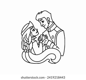 graphic vector illustration of a black and white image of a king and queen looking at each other and giving flowers
suitable for symbols of love or affection or Valentine's Day