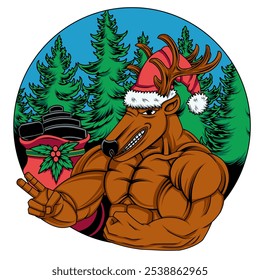 Graphic vector illustration of a bodybuilder deer getting a Christmas present isolated on white background suitable for a greeting card