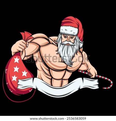 Graphic vector illustration of bodybuilder Santa Claus carrying gifts isolated on dark background suitable for merry Christmas greeting cards