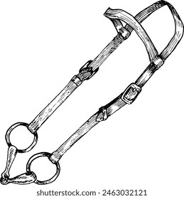 Graphic vector illustration of brown bridle, golden snaffle or bit. Equipment for horse riding. Isolated. For cards, prints, decor