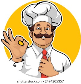 graphic vector illustration.. cartoon character design of a chef in a tie with a white shirt, red tie and a thick mustache