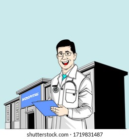 graphic vector illustration cartoon of doctor at hospital