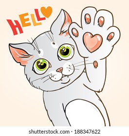 Graphic vector illustration of a cat with a heart on its paw saying hello