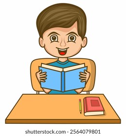 Graphic vector illustration of cheerful boy depicted in cartoon style is busy reading a book while sitting on a chair with his desk, writing pencil and additional books placed on the table.