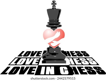 graphic vector illustration, a chess king hugging a red heart on a chessboard that says chess in love, suitable for use as t-shirt material