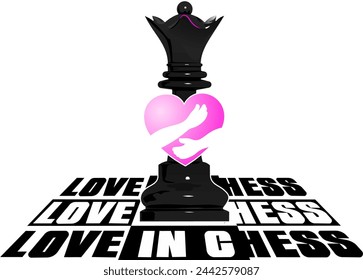 graphic vector illustration, a chess queen hugging a pink heart on a chessboard that says chess in love, suitable for use as t-shirt material