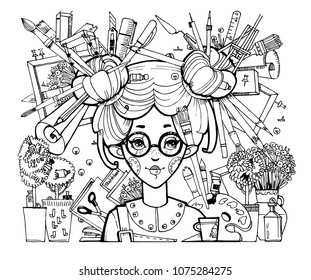 Graphic vector illustration for coloring or poster. Artist and his attributes