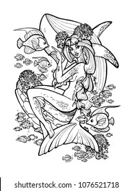 Graphic vector illustration for coloring or poster. Girl and Fauna