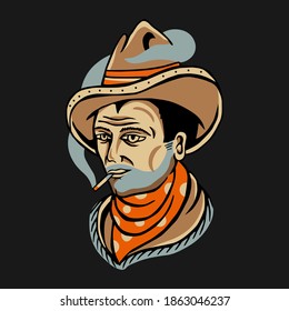 Graphic vector illustration, cowboy man, suitable for design of t-shirts, clothes, hoodies, logos, esport logos, tattoos etc.