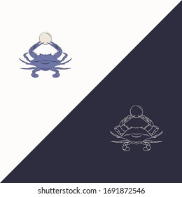 grafische Vektorillustration einer Krabbe, die eine Perle in ihren Pincers hält - vollfarbige und lineare Zeichnung