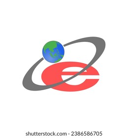 Graphic vector illustration of creative logo design of letter "E" with Earth element in orbit, symbolizing connectivity and technology.