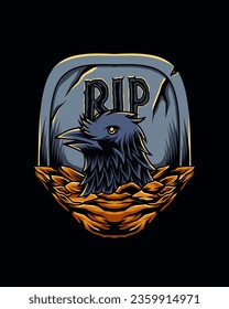 Graphic vector illustration of a crow coming out of the grave to celebrate hallowen