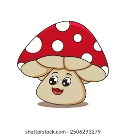 Graphic vector illustration of a cute mushroom character with a big smile