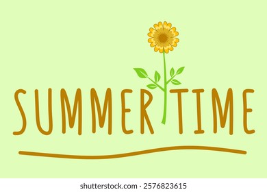 Graphic vector illustration Decorative summer text design with sunflowers on a light green background, evoking warm summer vibes. Perfect for print media on t-shirts, etc.