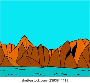 Diseño vectorial del fondo del paisaje de montaña verde y océano azul