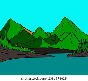 graphic vector illustration of
The design of a doodel or a picture of a natural view of the mountains is suitable for a background object