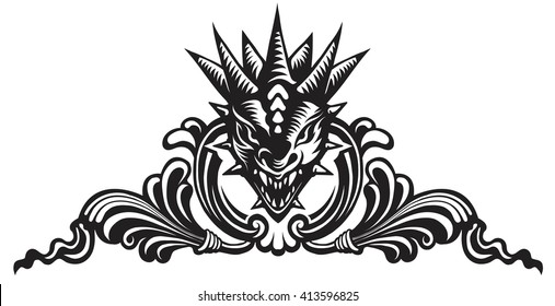 Graphic vector illustration of the dragons head in ornate shield.