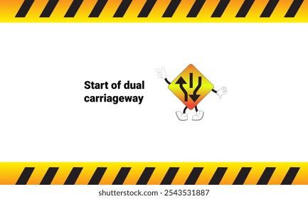 Graphic vector illustration of dual carriageway start sign with cartoon characters. Graphic design is suitable for children's education, story books, or traffic safety materials. vector illustration