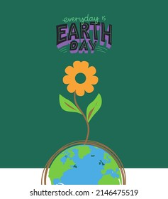 graphic vector illustration of earth, globe, sunflower, text. top view, perfect for background and commemorate earth day