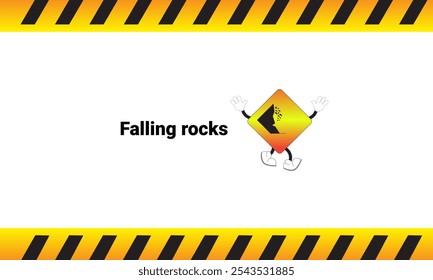 Graphic vector illustration of falling rock signs with cartoon characters. Graphic design is suitable for children's education, story books, or traffic safety materials. vector illustration