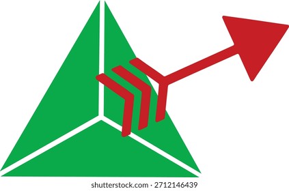 Una Ilustración vectorial gráfica con una flecha roja que apunta hacia arriba y hacia la derecha de una forma de pirámide geométrica verde. Este diseño simboliza el crecimiento, el progreso y el impulso hacia adelante para los conceptos comerciales o financieros.
