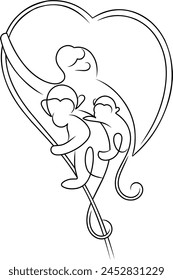 graphic vector illustration, fine line drawing, monkey family, suitable for tattoo use