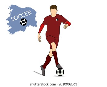 graphic vector illustration of a football player with a red jersey ball.  There is text along with the "Soccer" ball icon.