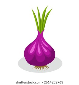 Graphic vector illustration of fresh red onion with green shoots and roots isolated on white background. Perfect for agriculture, food, vegetable, culinary and organic product designs.