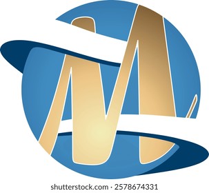 graphic vector illustration, gold colored M logo design and earth globe illustration gold colored m design and blue earth globe 