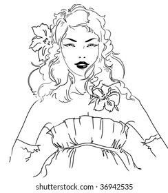 Graphic vector illustration of a gorgeous young woman with flowers in her hair and wedding dress
