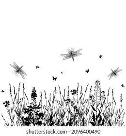 Ilustración vectorial gráfica de hierba y flores. Silueta negra de un prado con libélulas sobre un fondo blanco.
