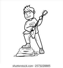 graphic vector illustration of a guitarist playing his guitar in cartoon style, great for adding to your visual elements or coloring teaching materials for children and apparel businesses. vector