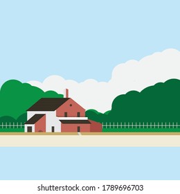 Graphic vector illustration of house near lake, river , sea