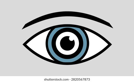 Graphic vector illustration of a human eye with a blue iris and black eyelashes isolated on a grey background.